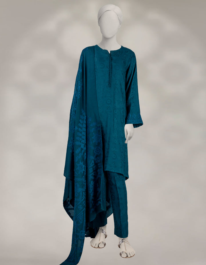 Jacquard Teal Unstitched Suit - J. Junaid Jamshed