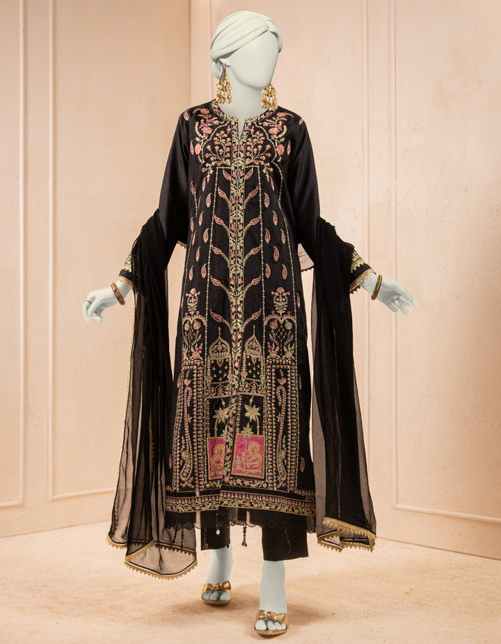 Raw Silk Black Stitched Suit - J. Junaid Jamshed