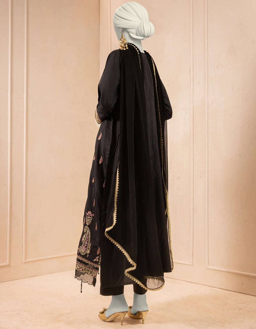 Raw Silk Black Stitched Suit - J. Junaid Jamshed