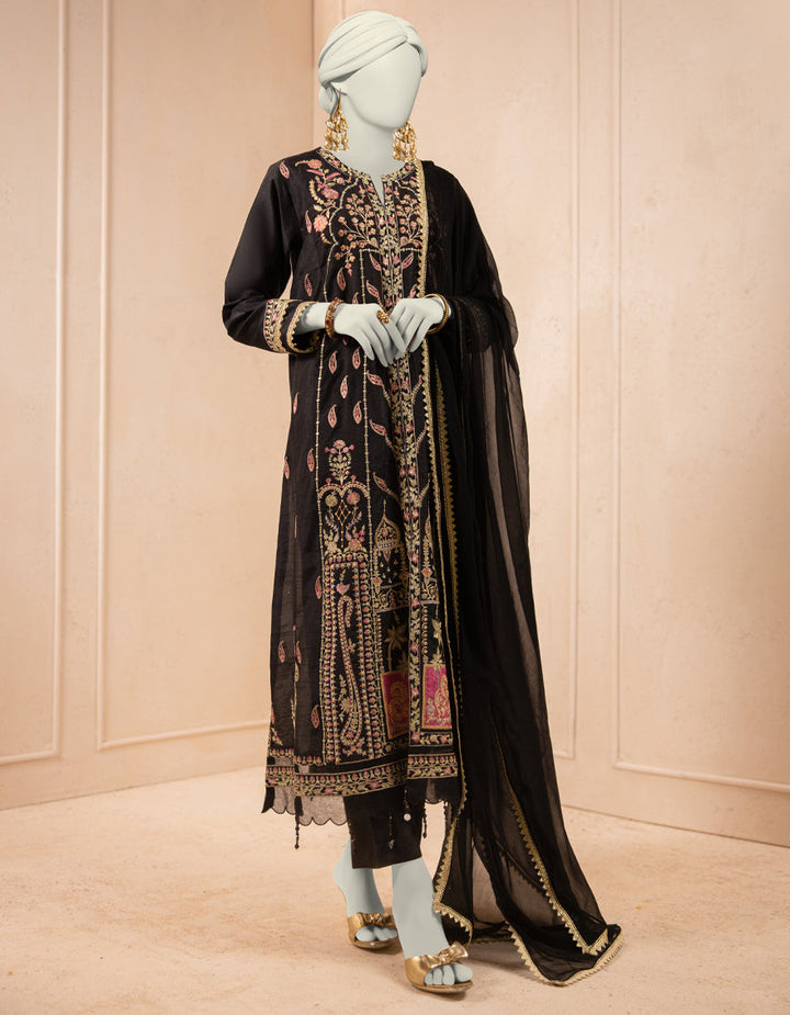 Raw Silk Black Stitched Suit - J. Junaid Jamshed