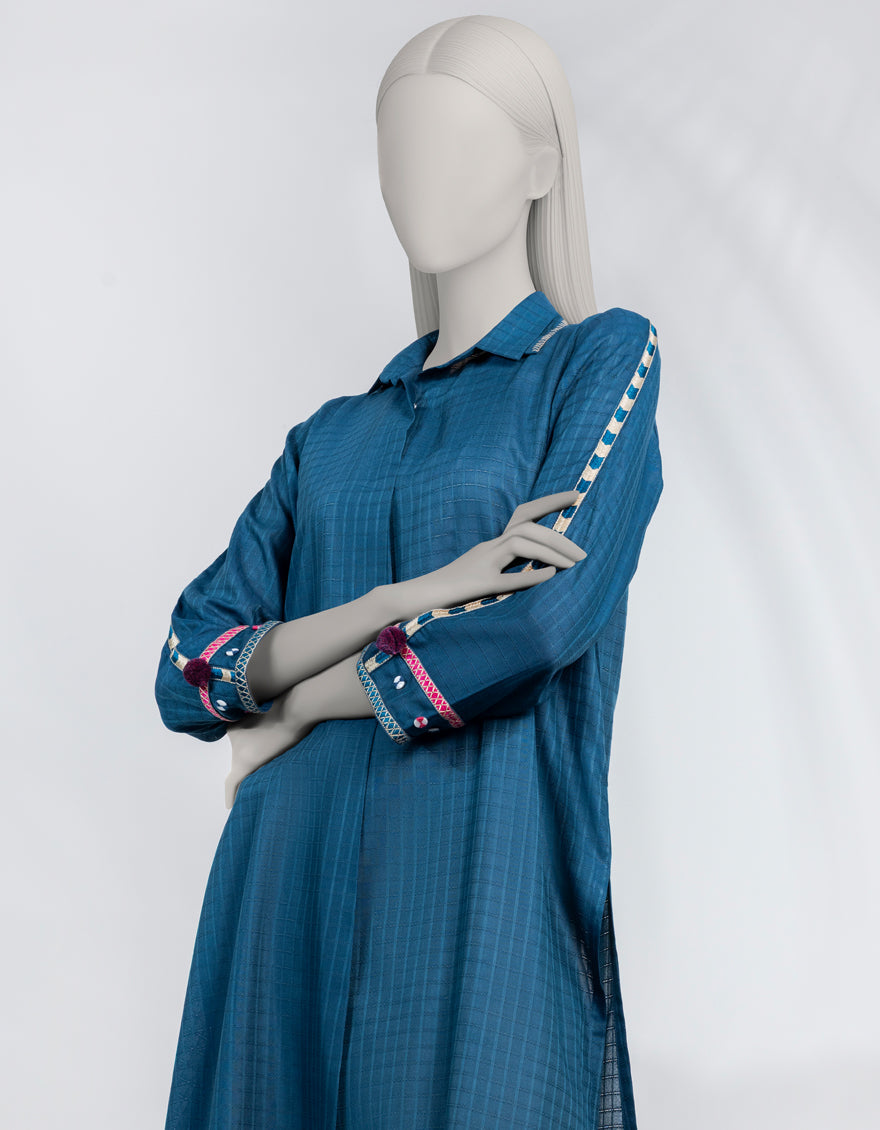 Dobby Blue Kurti - J. Junaid Jamshed