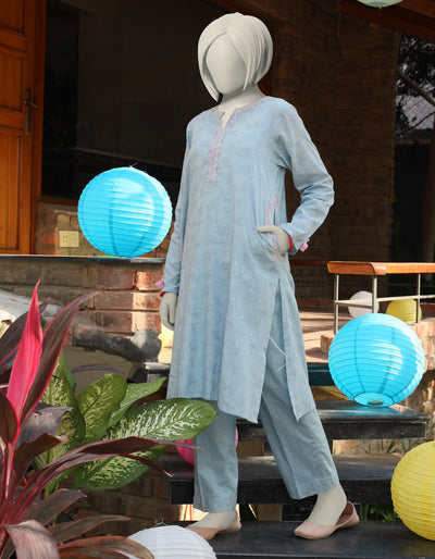 Textured Blue Stitched Suit - J. Junaid Jamshed