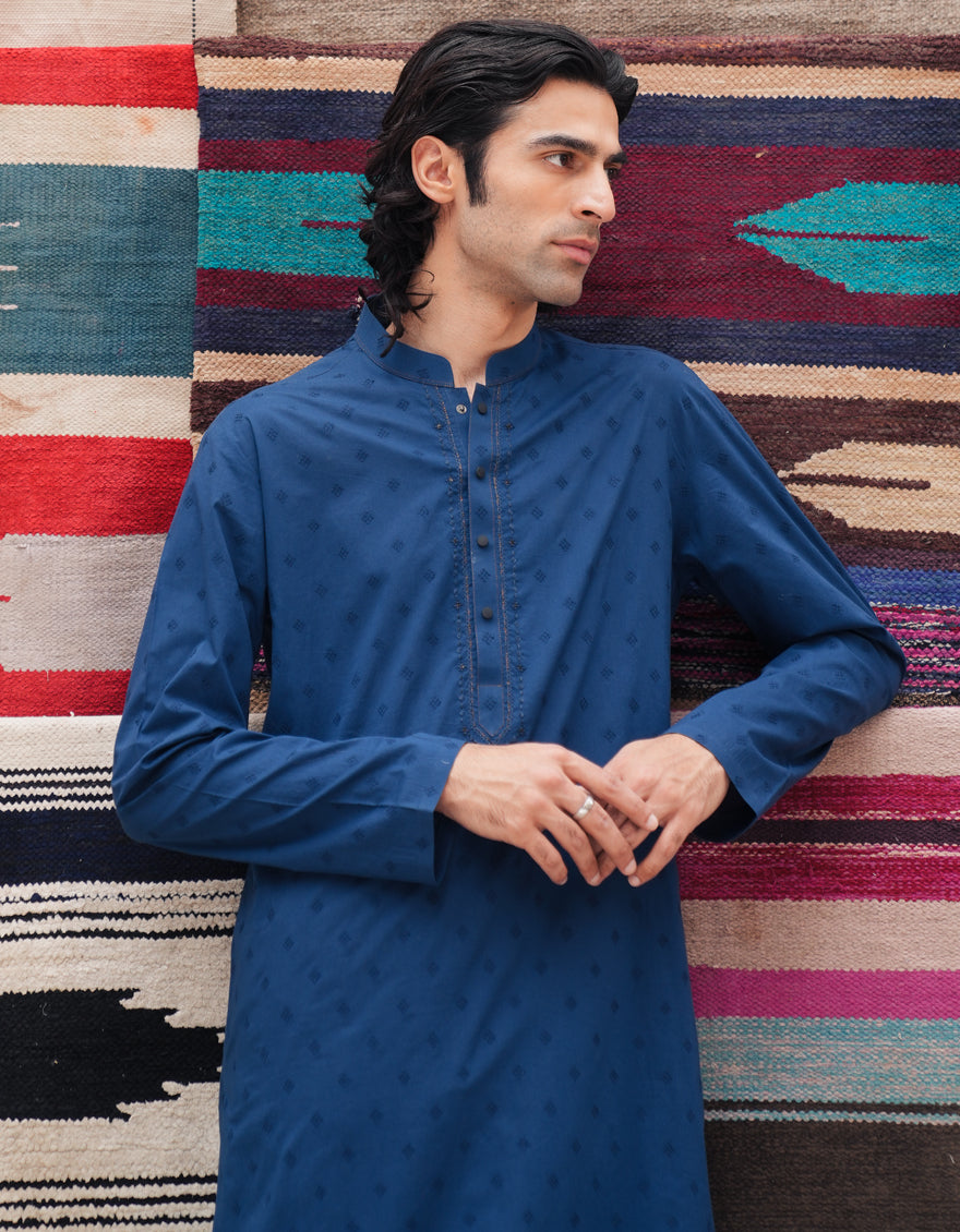 Cotton Blue Kurta - J. Junaid Jamshed