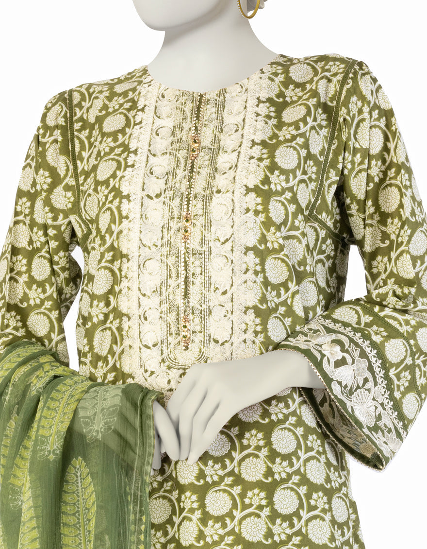Lawn Green Stitched Suit - J. Junaid Jamshed