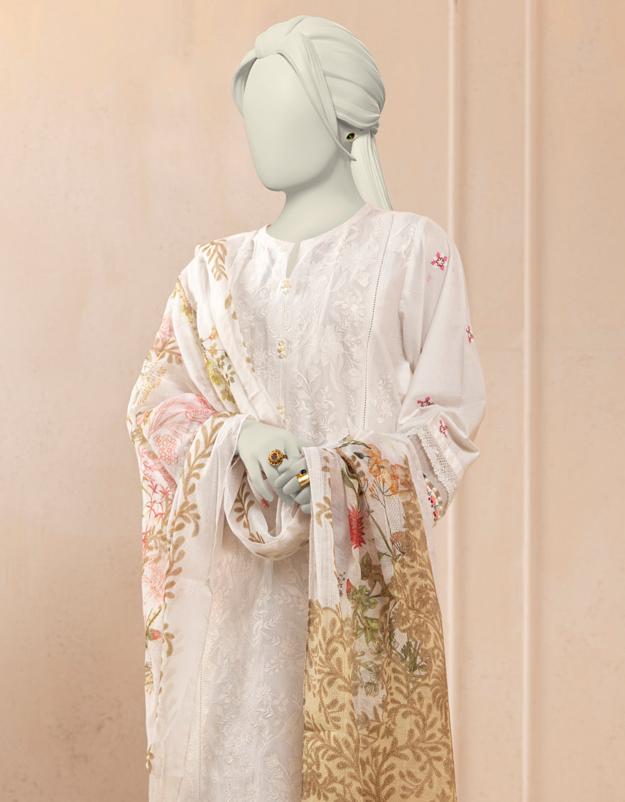 Lawn White Unstitched Suit - J. Junaid Jamshed