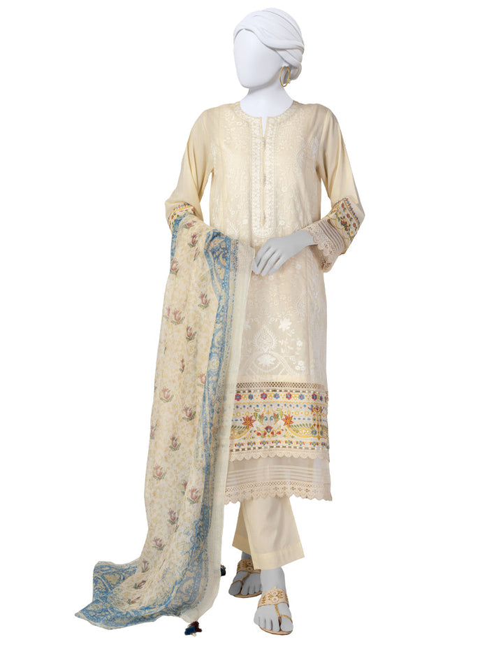 Lawn Off White Stitched Suit - J. Junaid Jamshed