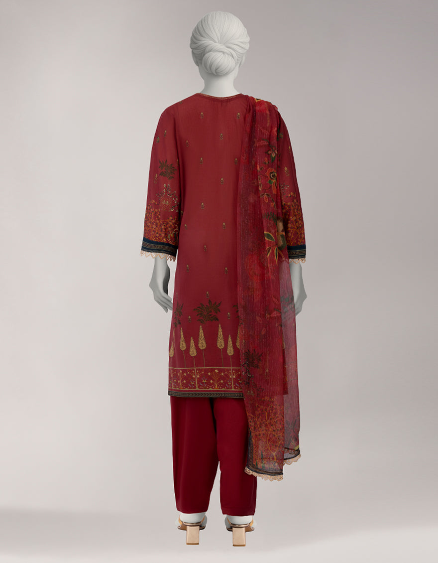 Lawn Maroon Stitched Suit - J. Junaid Jamshed