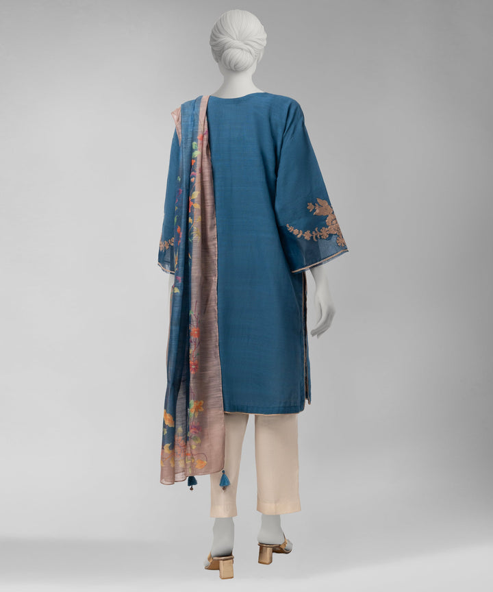 Slub Blue Unstitched Suit - J. Junaid Jamshed