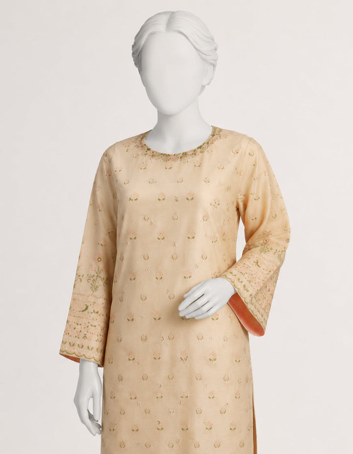 Raw Silk Beige Kurti - J. Junaid Jamshed