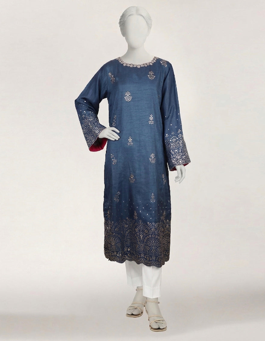 Raw Silk Blue Kurti - J. Junaid Jamshed