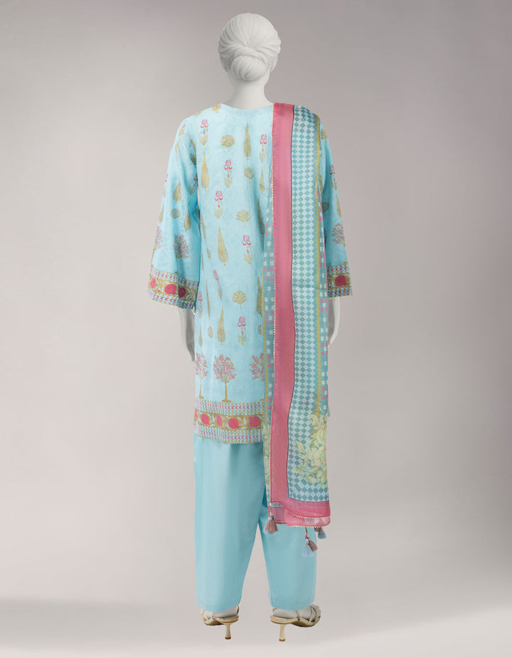 Jacquard Sky Blue Unstitched Suit - J. Junaid Jamshed