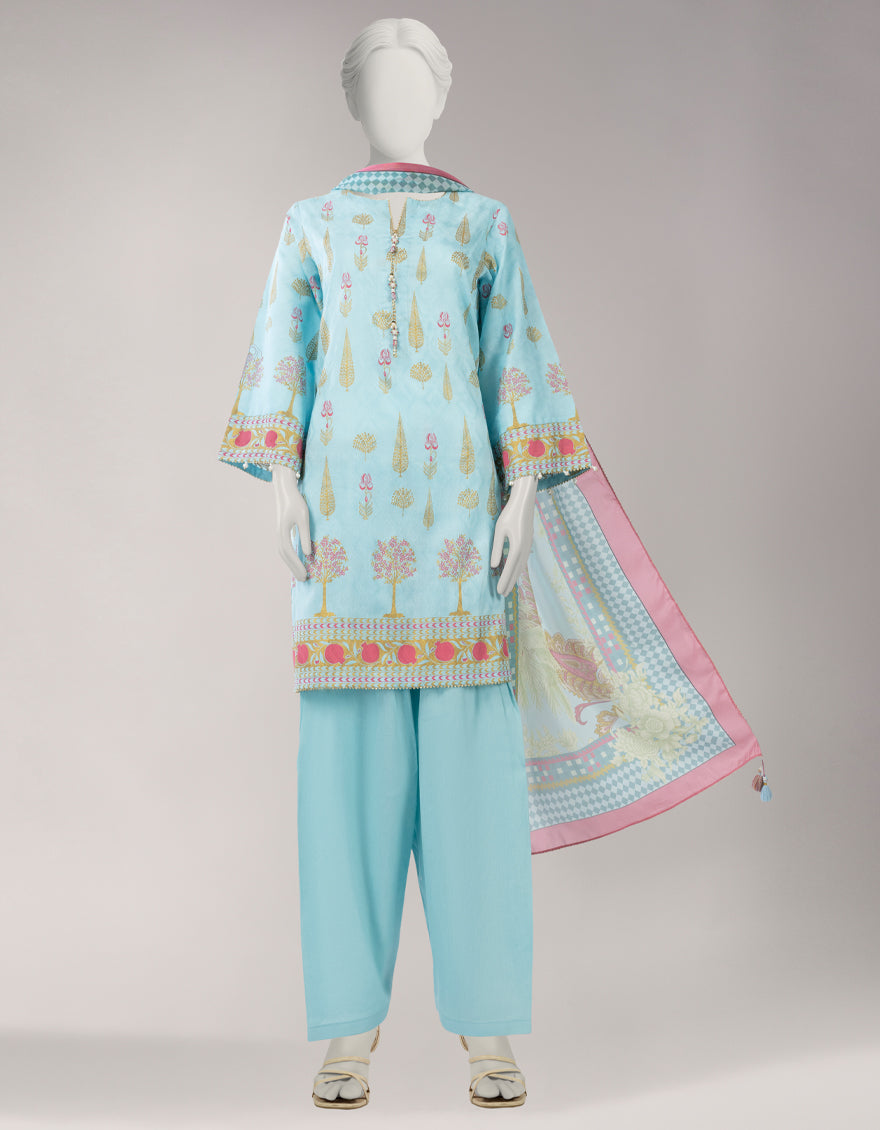 Jacquard Sky Blue Unstitched Suit - J. Junaid Jamshed