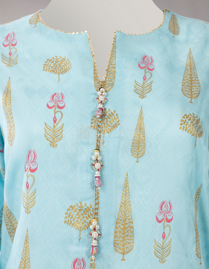 Jacquard Sky Blue Unstitched Suit - J. Junaid Jamshed