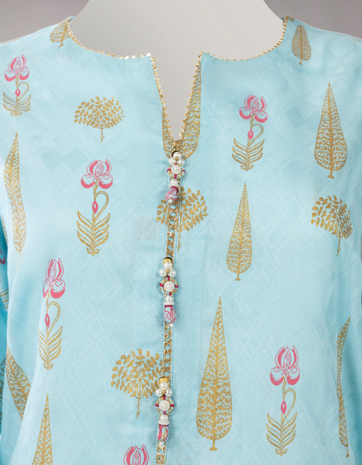 Jacquard Sky Blue Unstitched Suit - J. Junaid Jamshed
