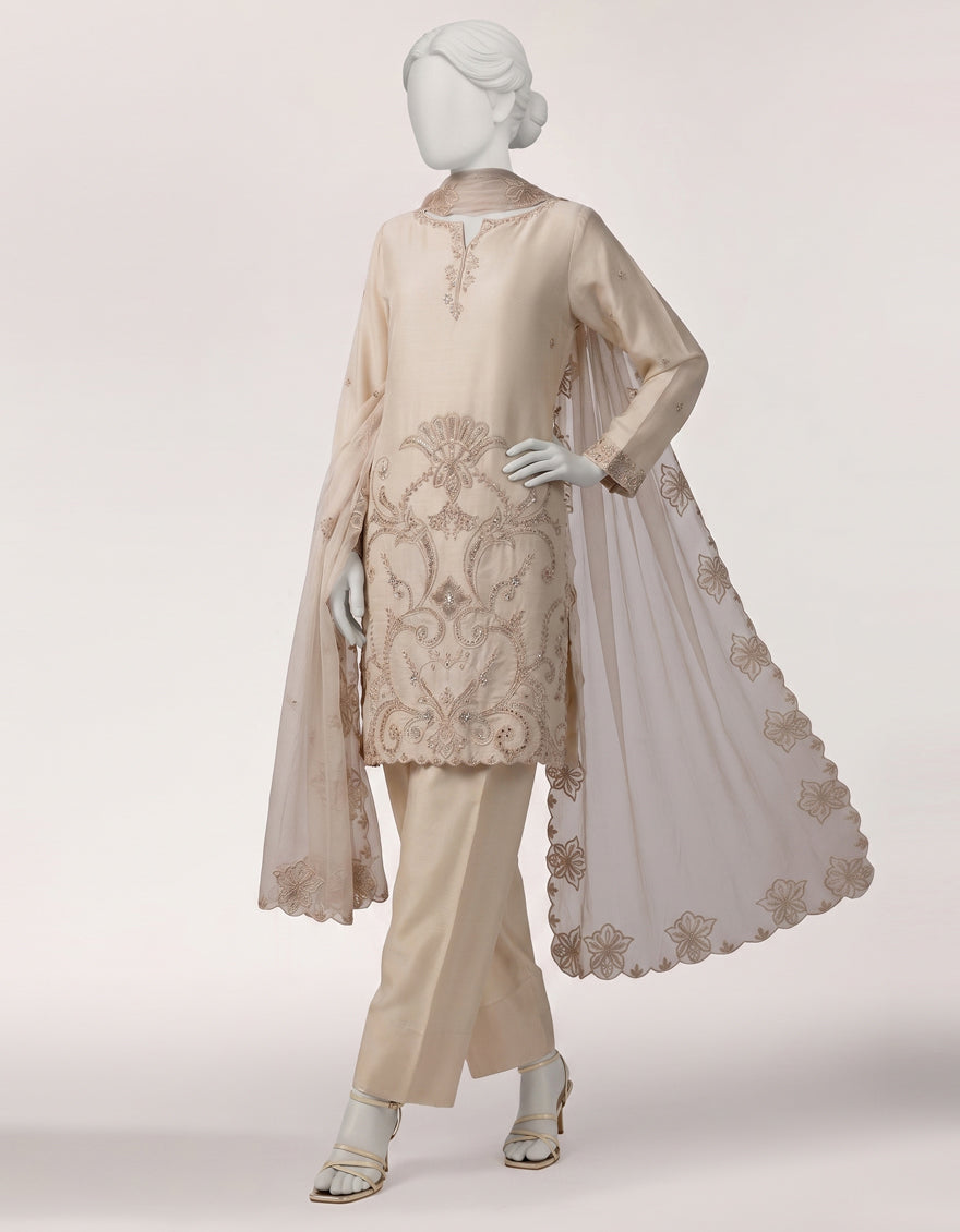 Raw Silk Off White Stitched Suit - J. Junaid Jamshed