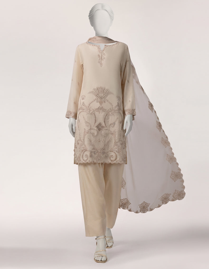 Raw Silk Off White Stitched Suit - J. Junaid Jamshed