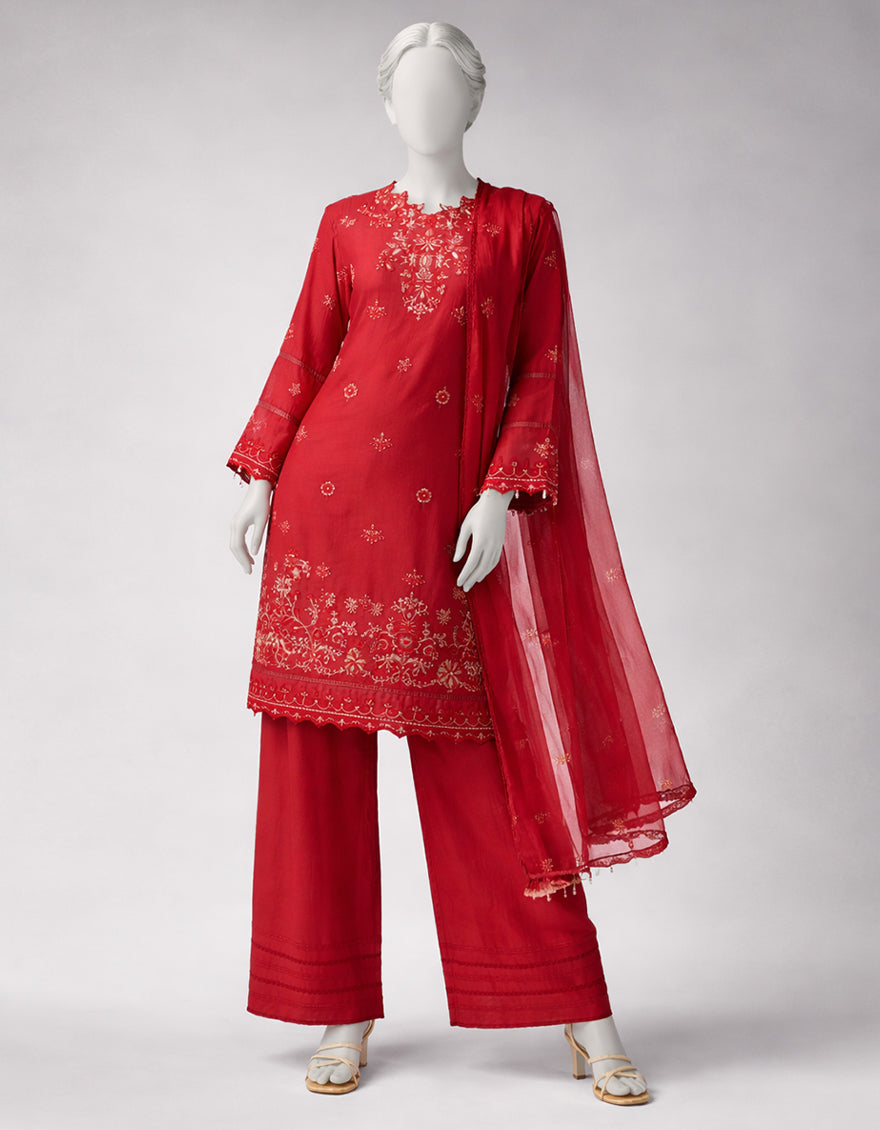 Lawn Red Unstitched Suit - J. Junaid Jamshed
