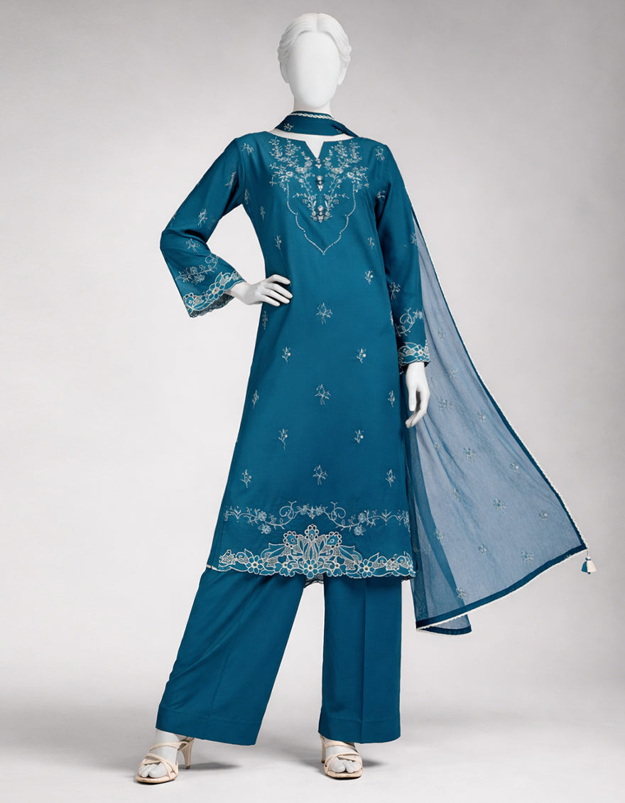 Lawn Teal Unstitched Suit - J. Junaid Jamshed