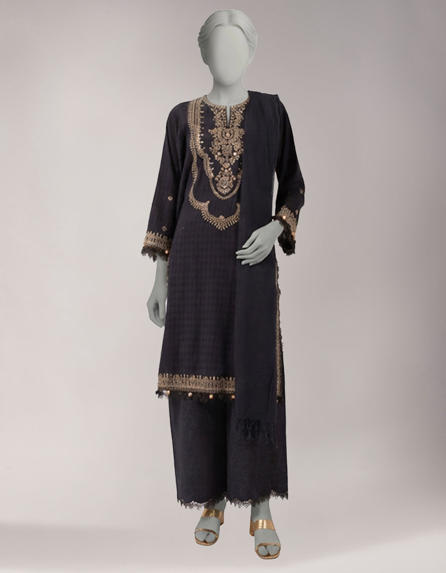 Jacquard Black Unstitched Suit - J. Junaid Jamshed