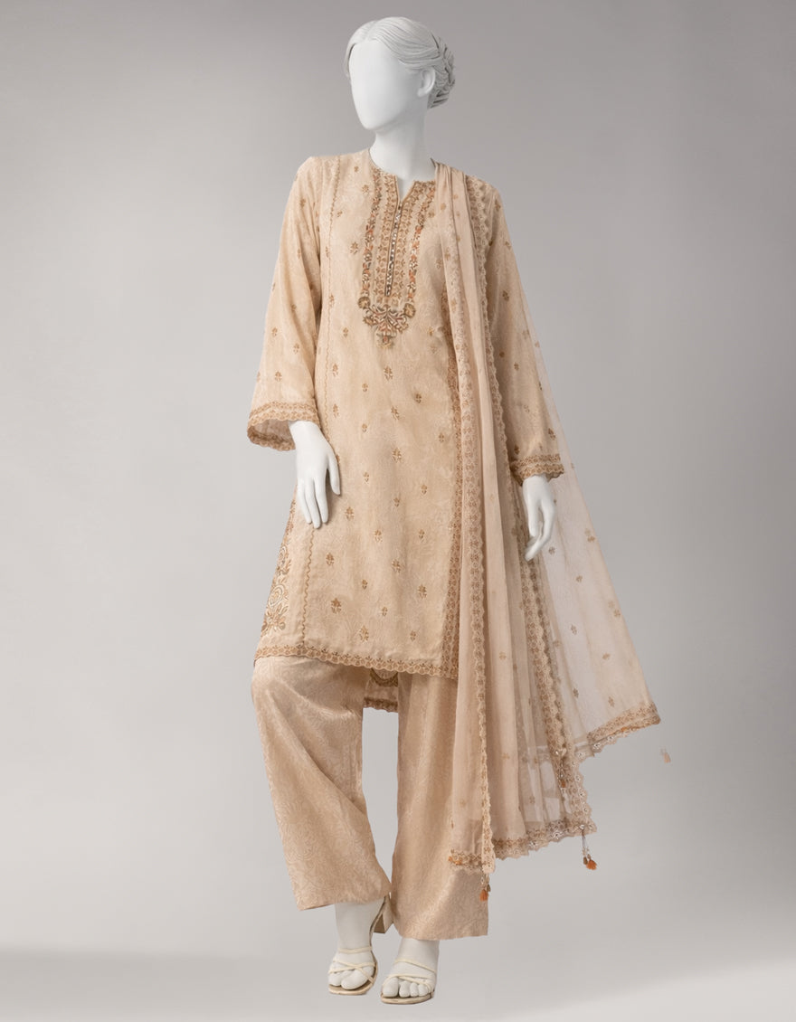 Jacquard Beige Unstitched Suit - J. Junaid Jamshed