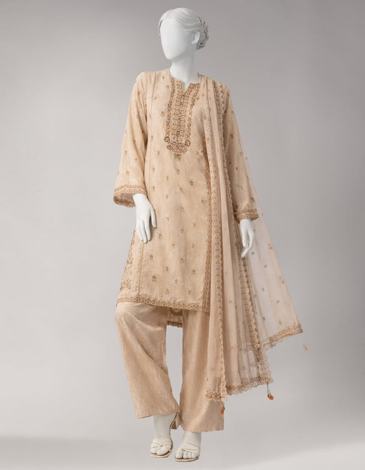 Jacquard Beige Unstitched Suit - J. Junaid Jamshed