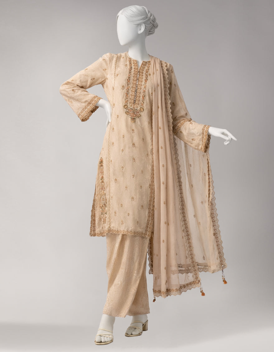 Jacquard Beige Unstitched Suit - J. Junaid Jamshed