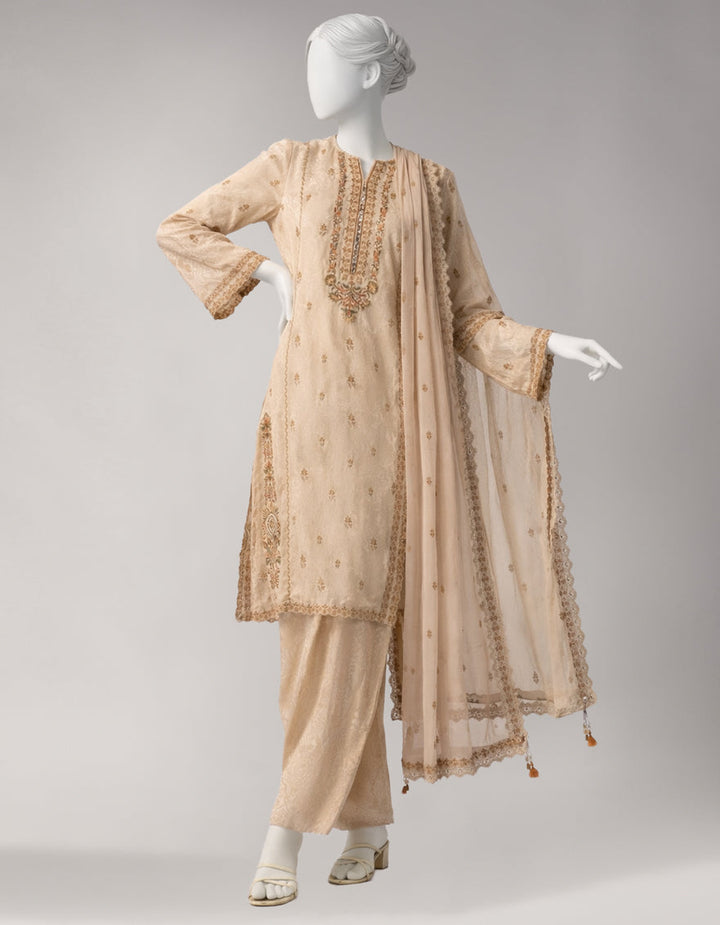 Jacquard Beige Unstitched Suit - J. Junaid Jamshed