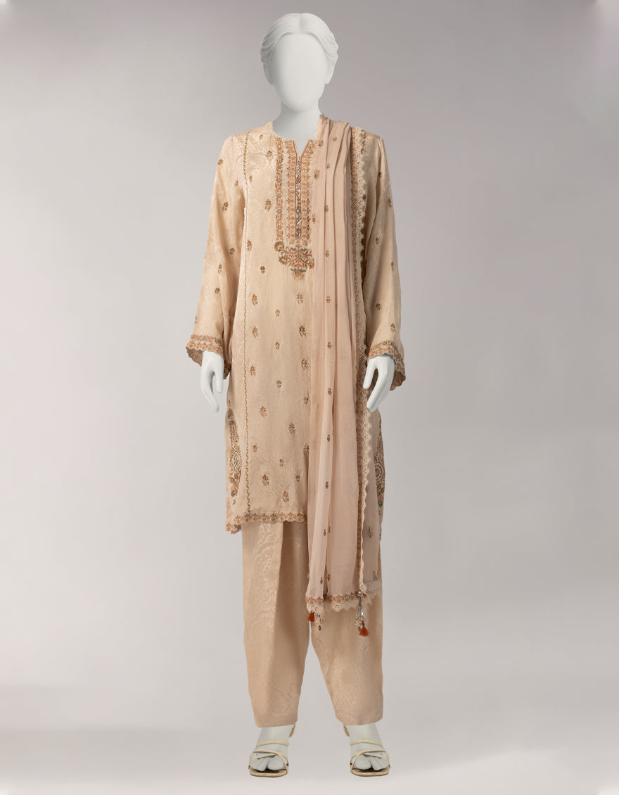 Jacquard Beige Unstitched Suit - J. Junaid Jamshed