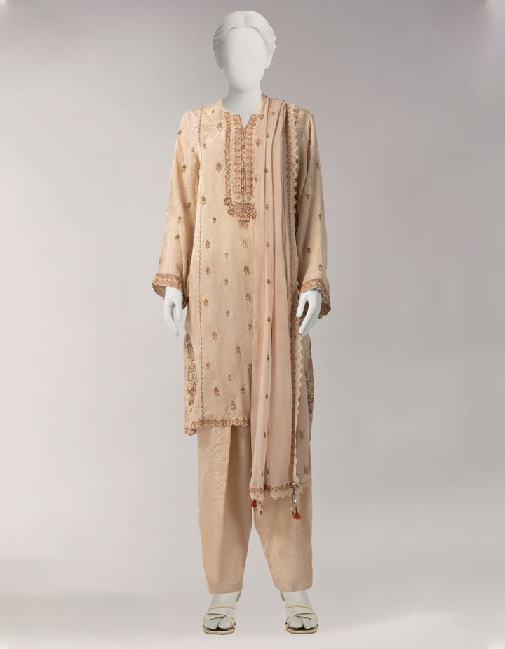 Jacquard Beige Unstitched Suit - J. Junaid Jamshed