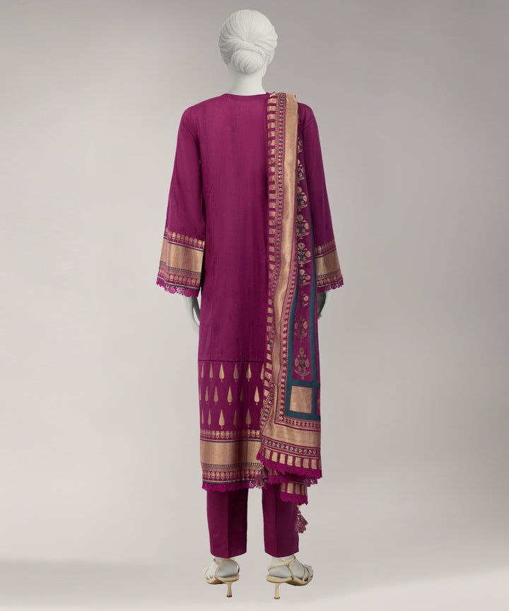 Jacquard Magenta Unstitched Suit - J. Junaid Jamshed