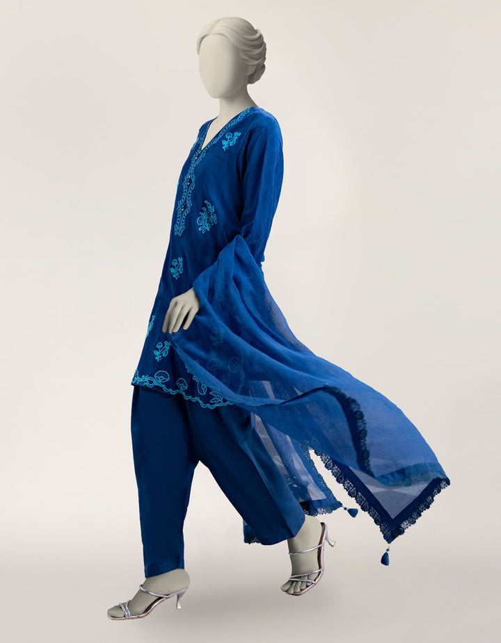 Dobby Blue Stitched Suit - J. Junaid Jamshed