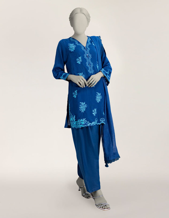 Dobby Blue Stitched Suit - J. Junaid Jamshed