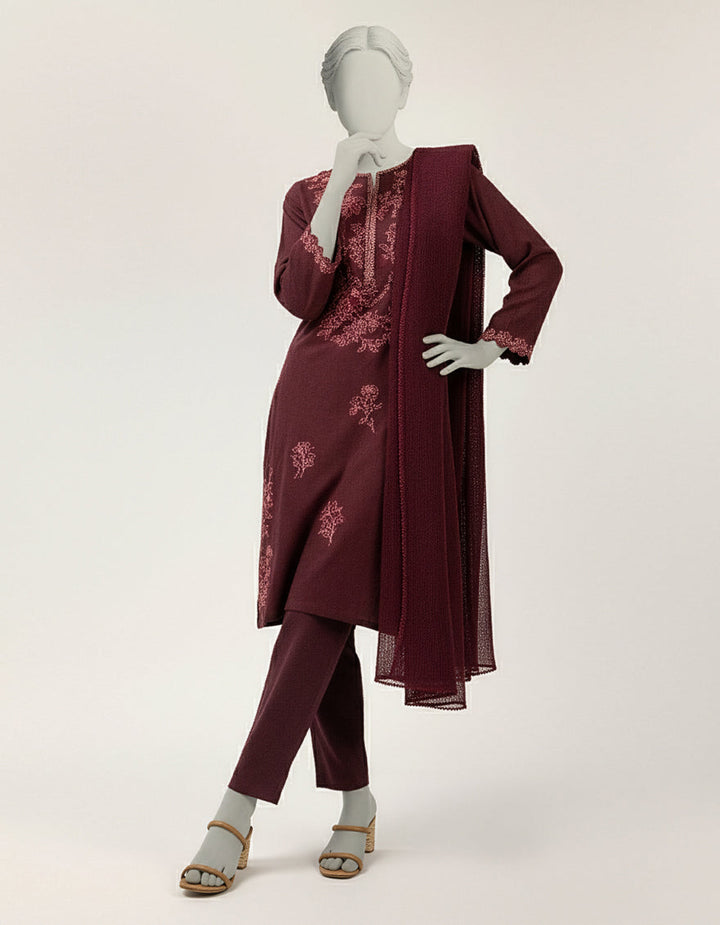 Dobby Maroon Stitched Suit - J. Junaid Jamshed
