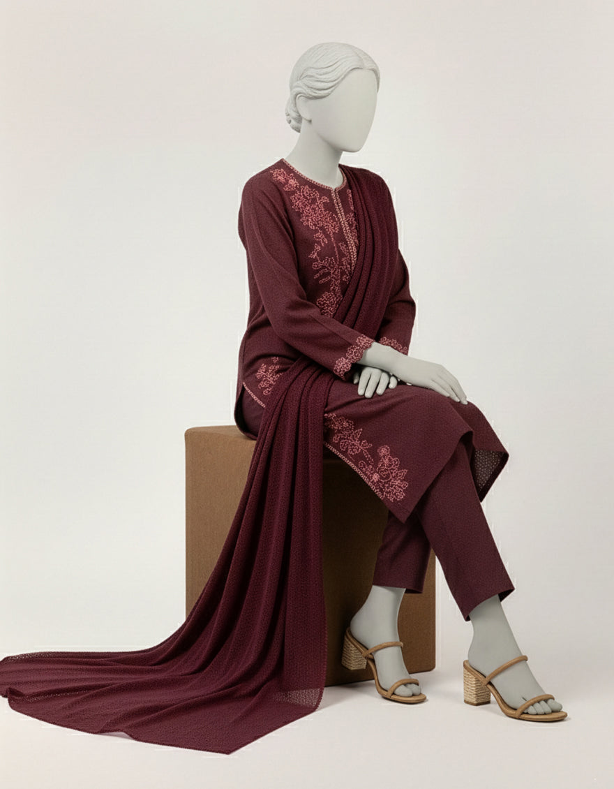 Dobby Maroon Stitched Suit - J. Junaid Jamshed