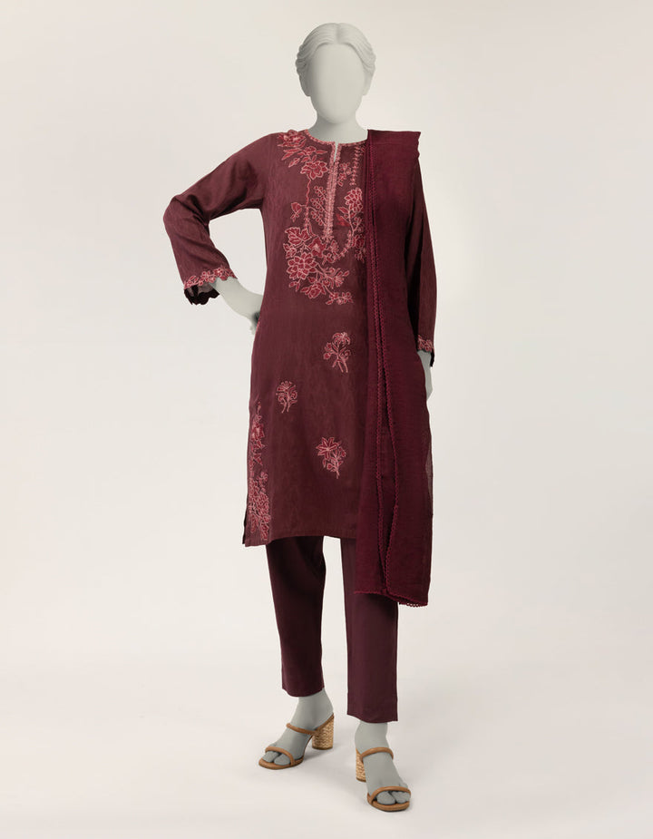 Dobby Maroon Stitched Suit - J. Junaid Jamshed