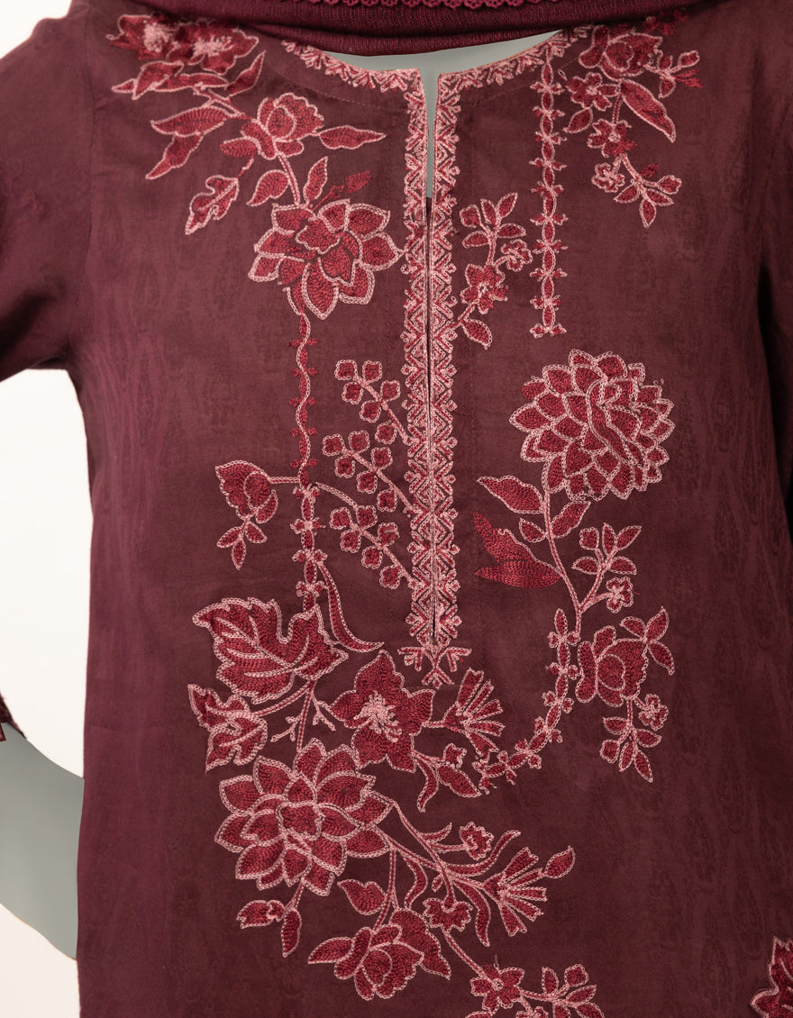 Dobby Maroon Stitched Suit - J. Junaid Jamshed