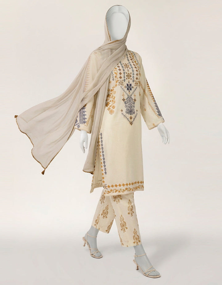 Lawn Off White Stitched Suit - J. Junaid Jamshed