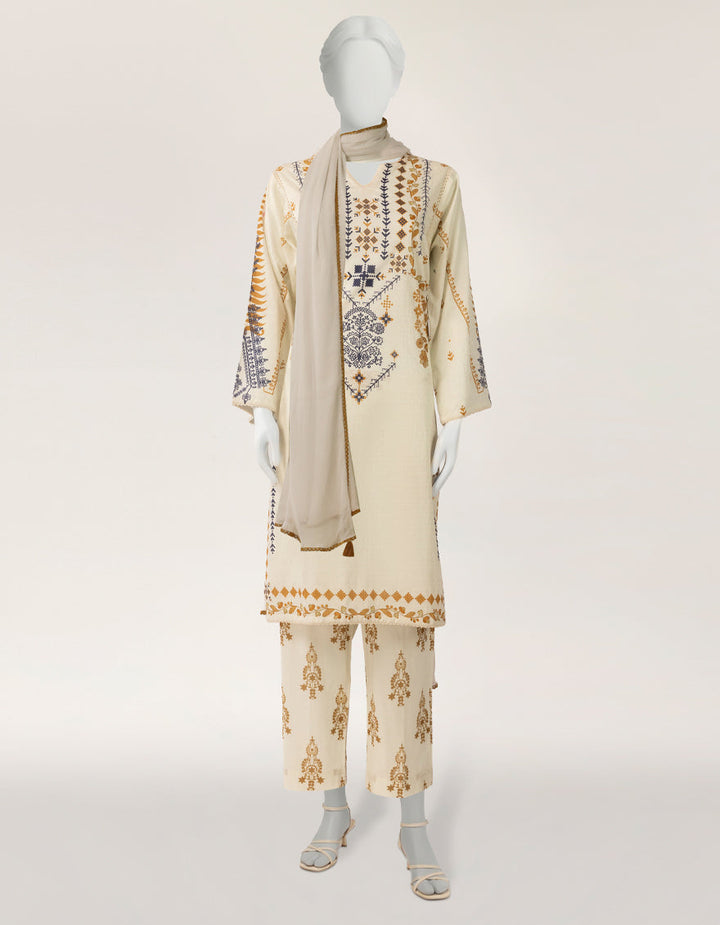 Lawn Off White Stitched Suit - J. Junaid Jamshed