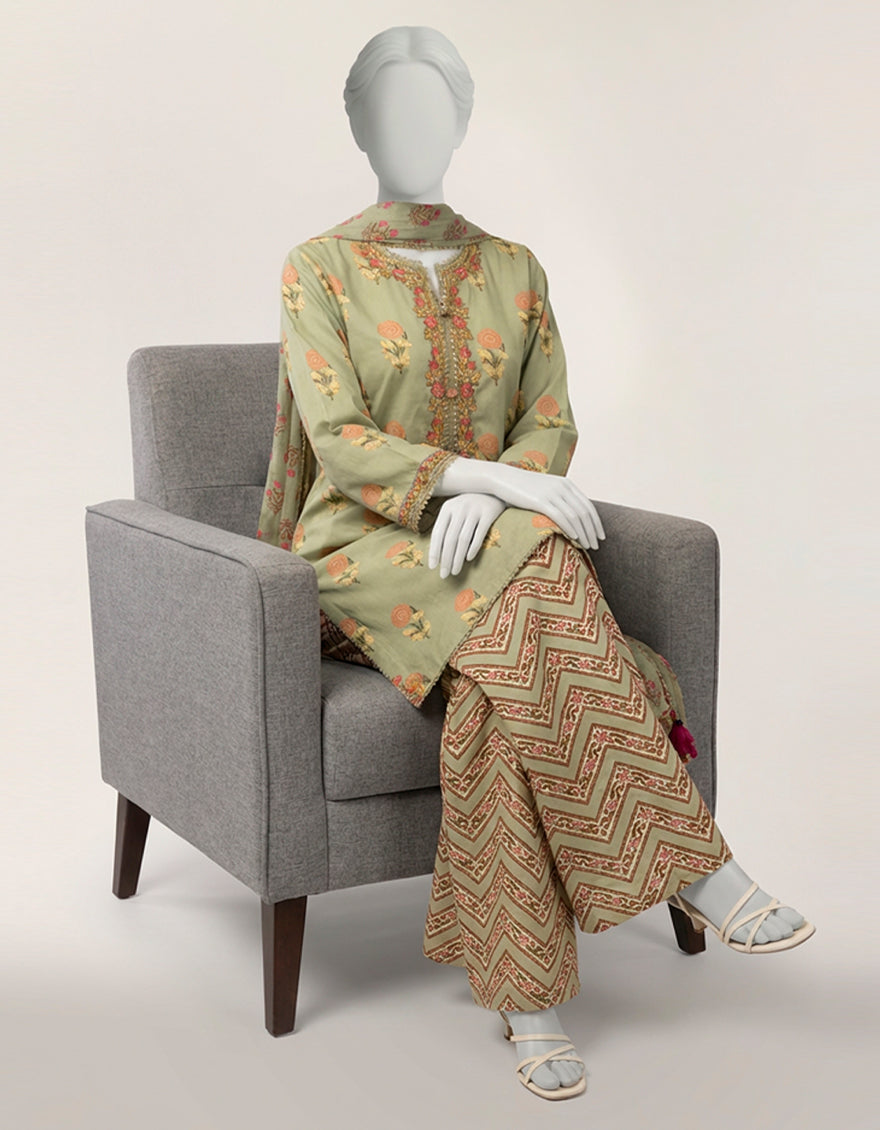 Lawn Green Stitched Suit - J. Junaid Jamshed