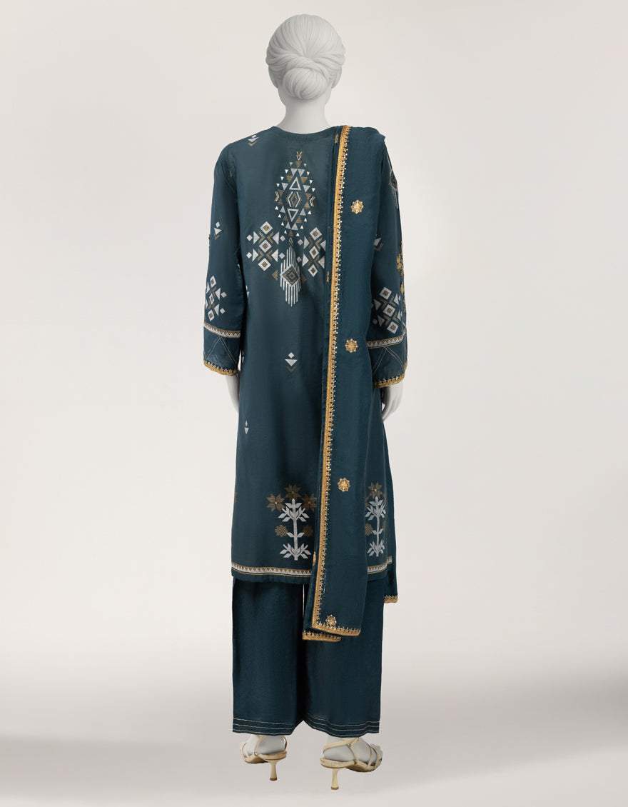 Cotton Silk Teal Stitched Suit - J. Junaid Jamshed