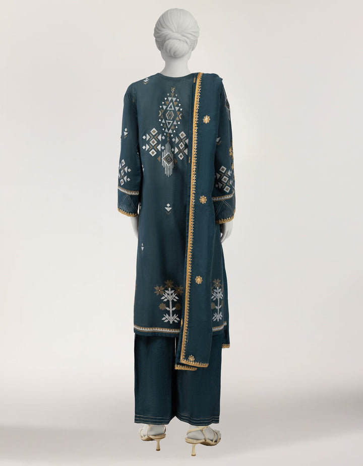 Cotton Silk Teal Stitched Suit - J. Junaid Jamshed