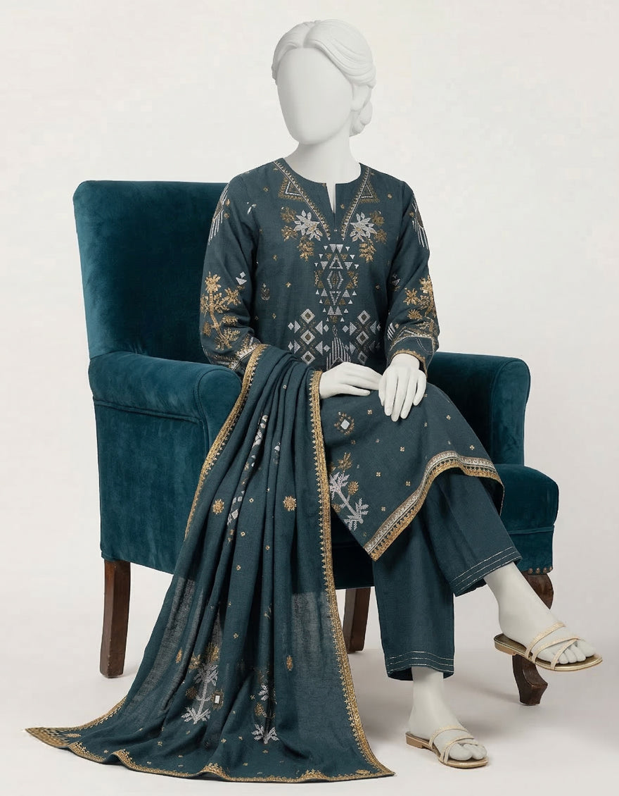 Cotton Silk Teal Stitched Suit - J. Junaid Jamshed