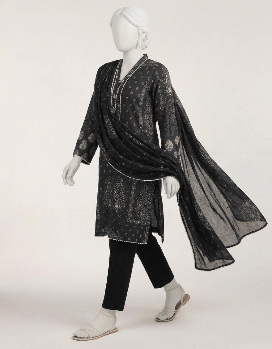 Lawn Black Stitched Suit - J. Junaid Jamshed