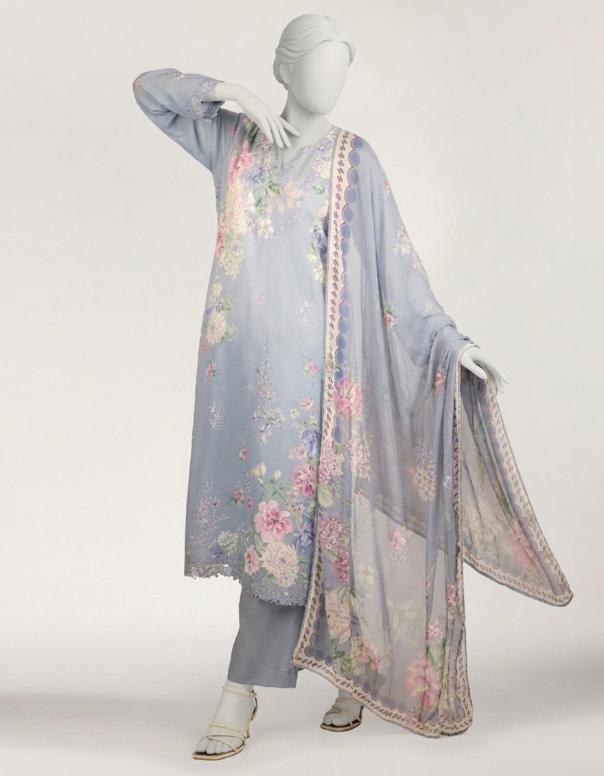 Lawn Blue Stitched Suit - J. Junaid Jamshed