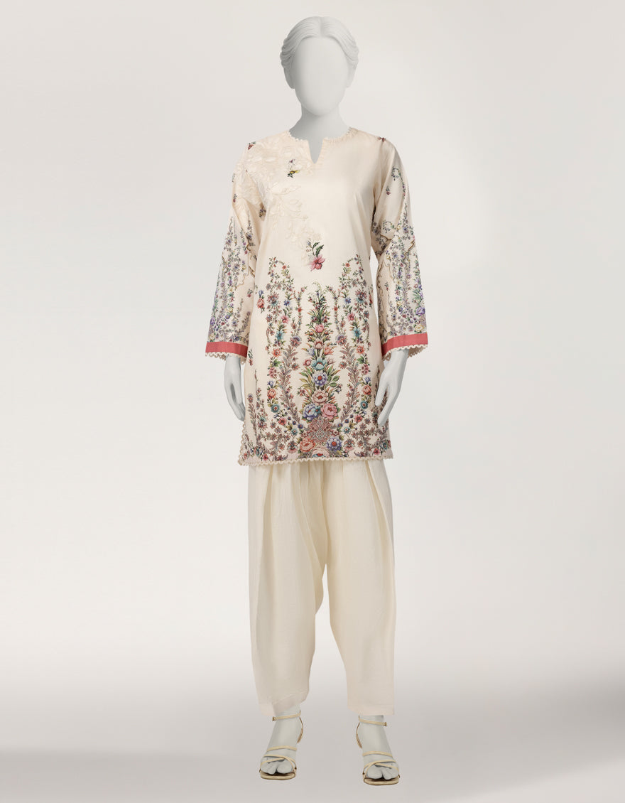 Lawn Cream Stitched Suit - J. Junaid Jamshed
