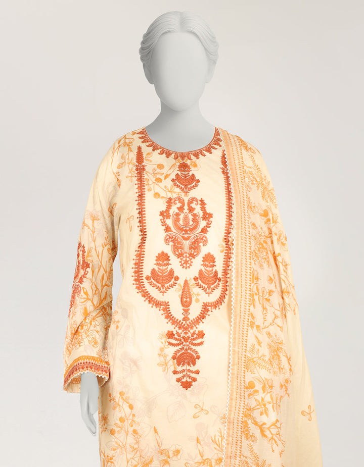 Lawn Cream Stitched Suit - J. Junaid Jamshed