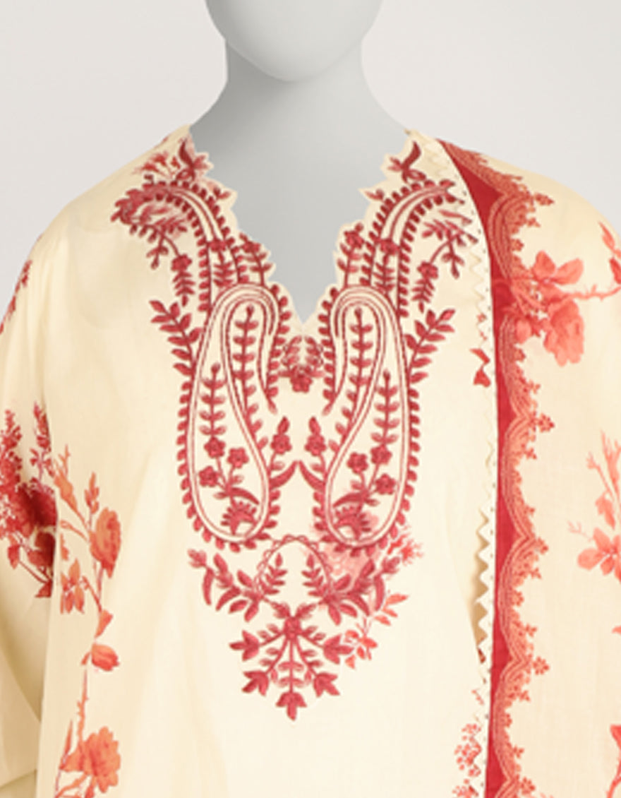 Lawn Cream Stitched Suit - J. Junaid Jamshed