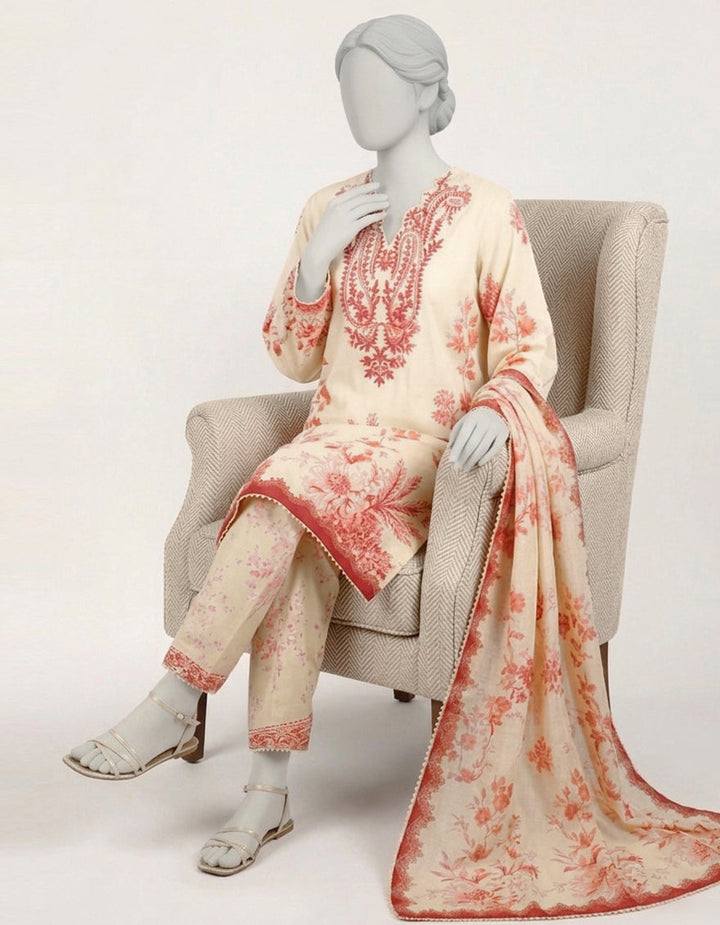 Lawn Cream Stitched Suit - J. Junaid Jamshed