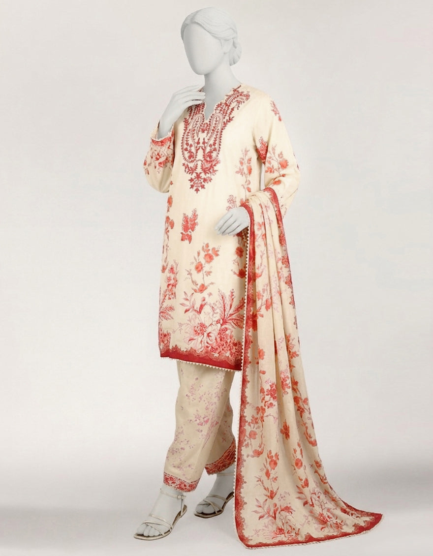 Lawn Cream Stitched Suit - J. Junaid Jamshed