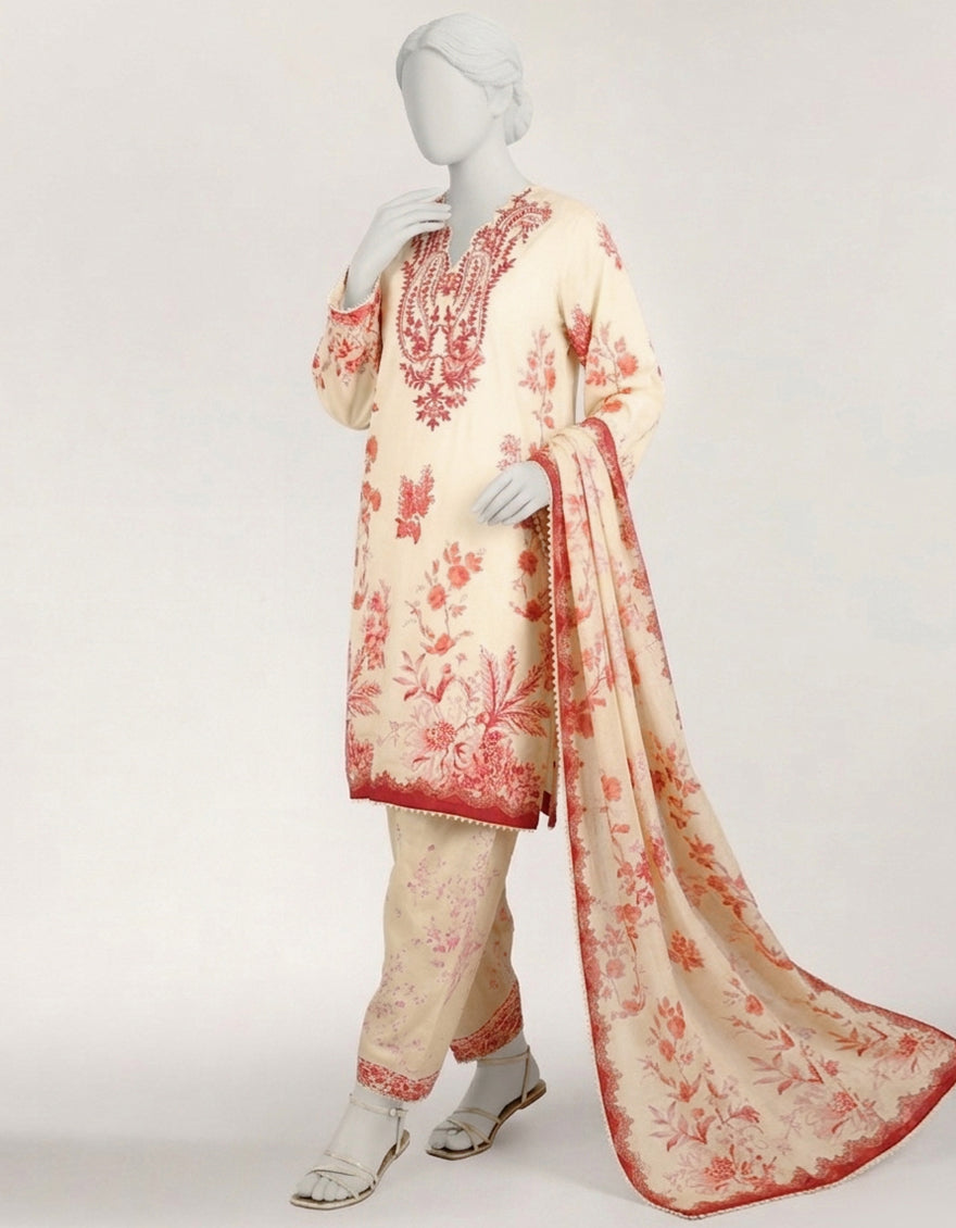 Lawn Cream Stitched Suit - J. Junaid Jamshed